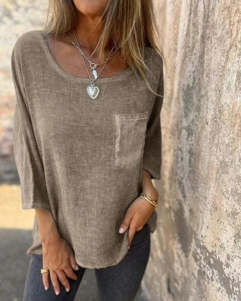 Cemagi Relaxed Fit Cotton Linen Blend Summer Top with Round Neckline and Chest Pocket