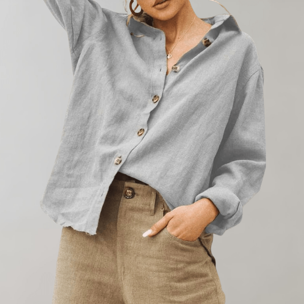 Women's Oversized Linen Blend Button-Up Blouse with Long Sleeves
