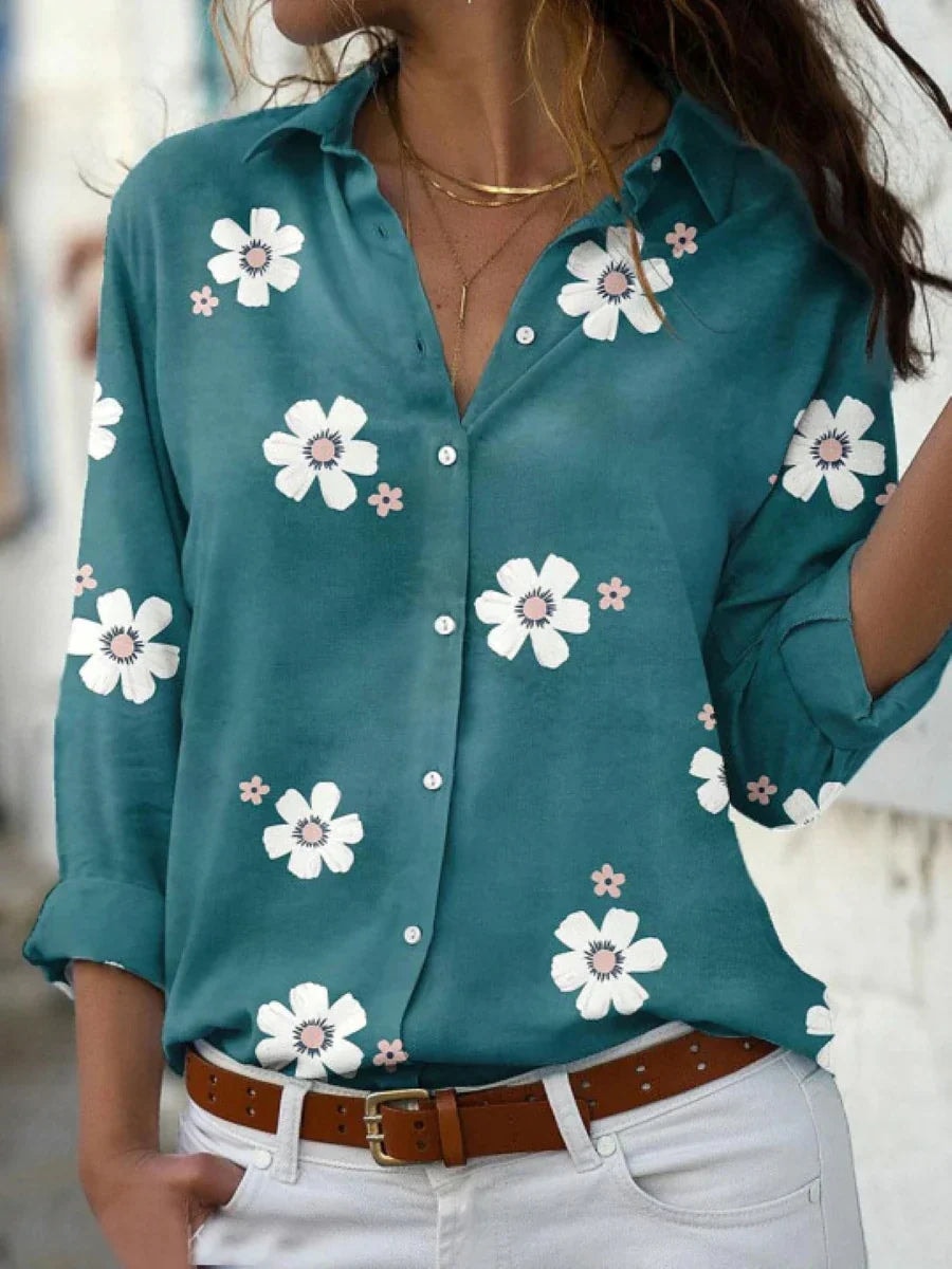 Darya Floral Print Long-Sleeve Blouse for Women with Button-Down Front