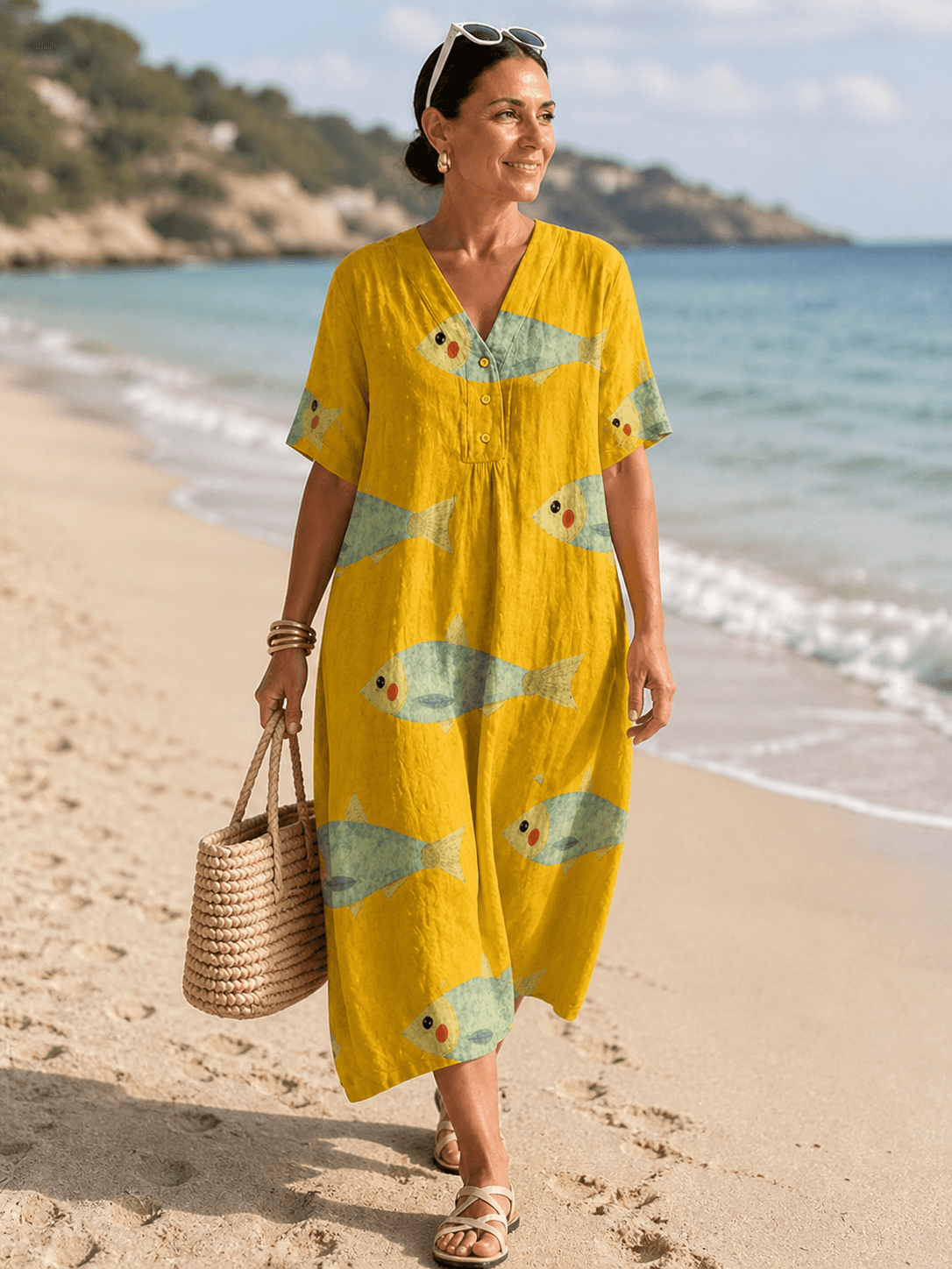Agnes Fish Print Cotton V-Neck Dress for Women in Midi Length
