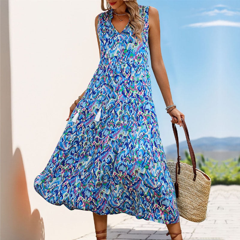 Aurora Sleeveless Tiered V-Neck Tassel-Tie Rayon Abstract Print Women's Summer Midi Dress