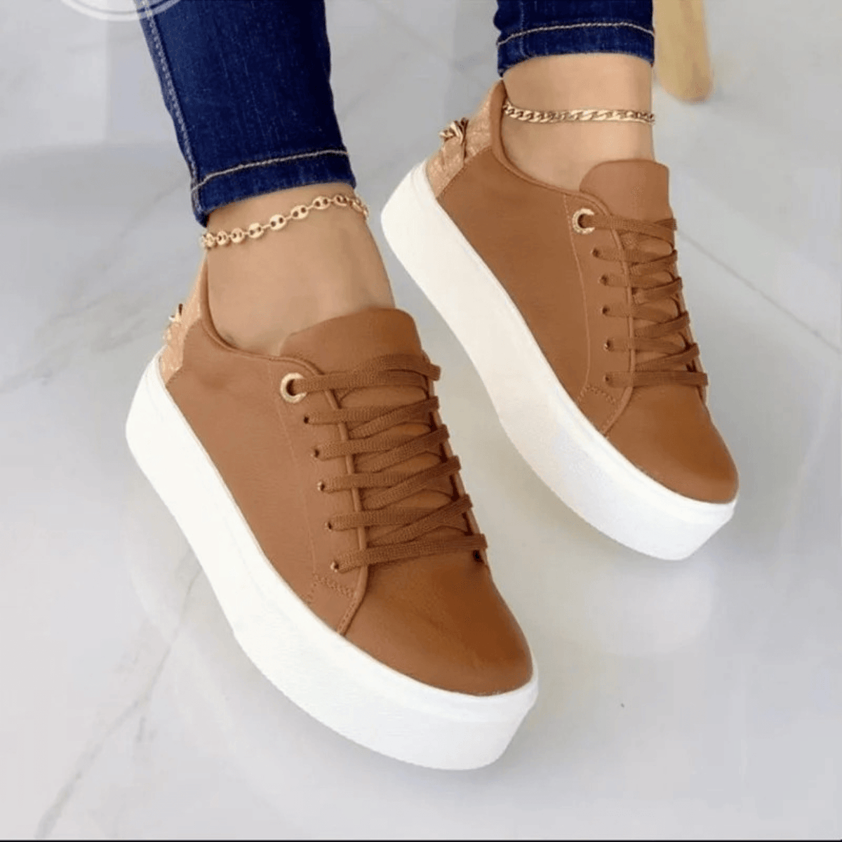 Leather Lace-Up Sneakers with Thick Platform Sole and Metallic Chain Detail