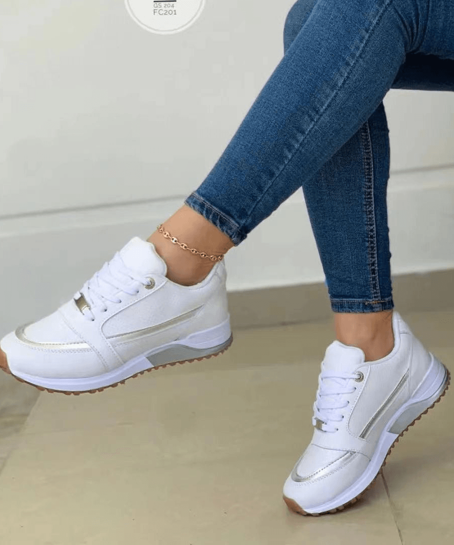 Nikie Lace-Up Chunky Wedge Sneakers with Perforated Upper and Metallic Trim