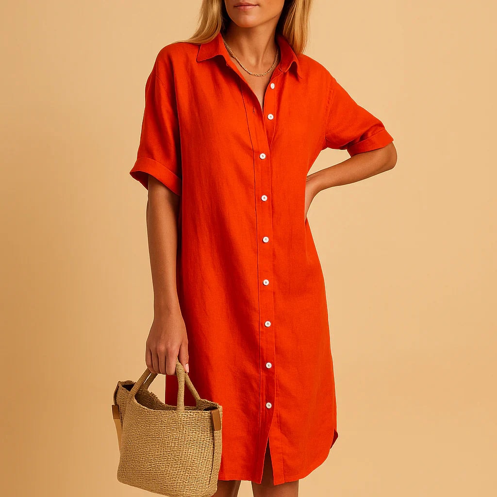 Women's Relaxed Cotton-Blend Button-Down Midi Dress with Short Sleeves