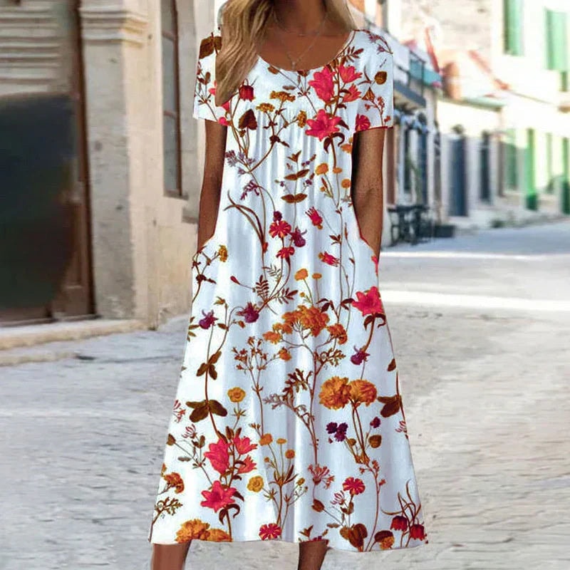 Harper Floral Print Short Sleeve A-Line Women's Midi Dress with Pockets