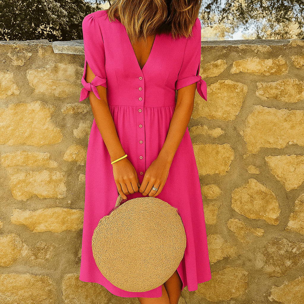 Women's Casual V-Neck Button-Front Knee-Length Dress with Short Tie Sleeves