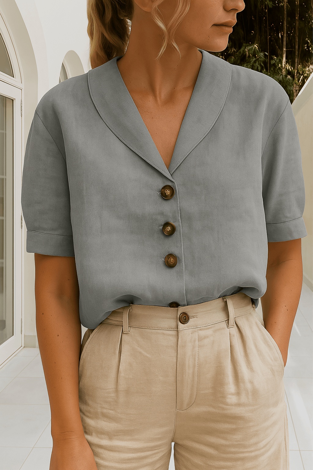 Women's Short Sleeve V-Neck Cotton Button-Down Top for Office Wear