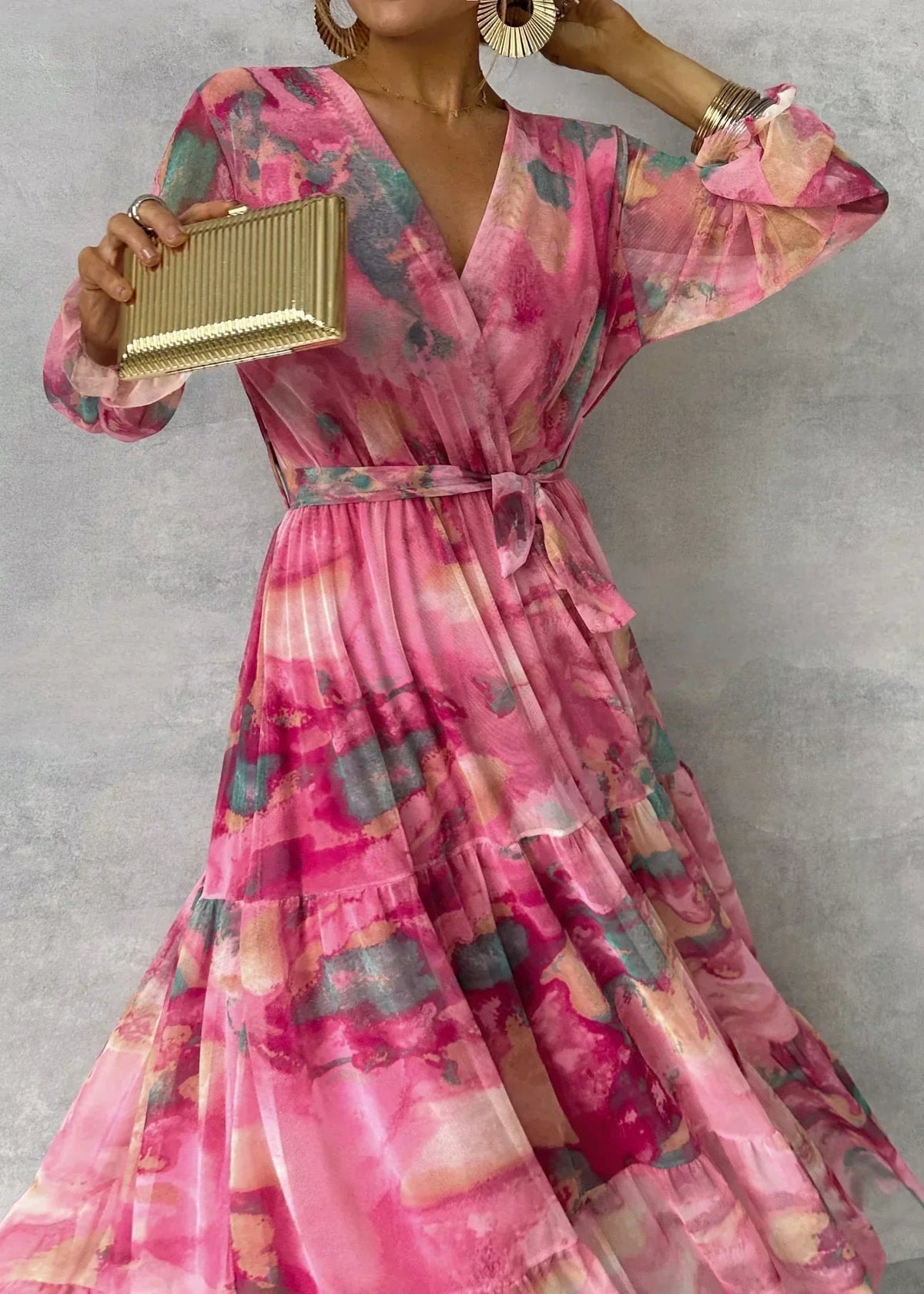 Romilly Floral Chiffon Wrap Maxi Summer Wedding Guest Dress for Women with Long Sleeves