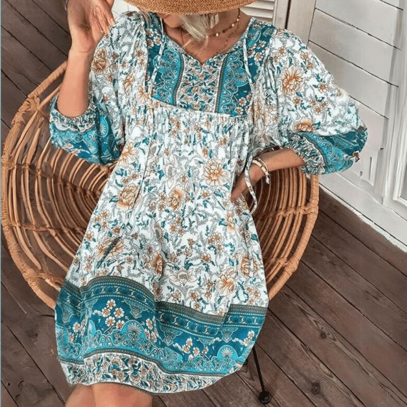 Bohemian Floral V-Neck Tunic Dress with Balloon Sleeves