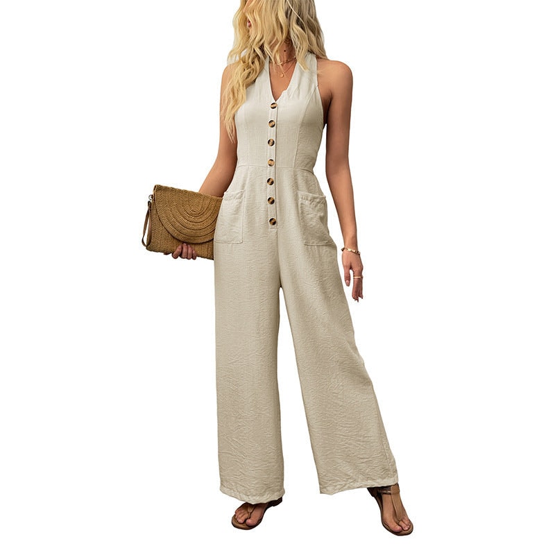 Women's Sleeveless Button-Front Wide-Leg Jumpsuit with V-Neck