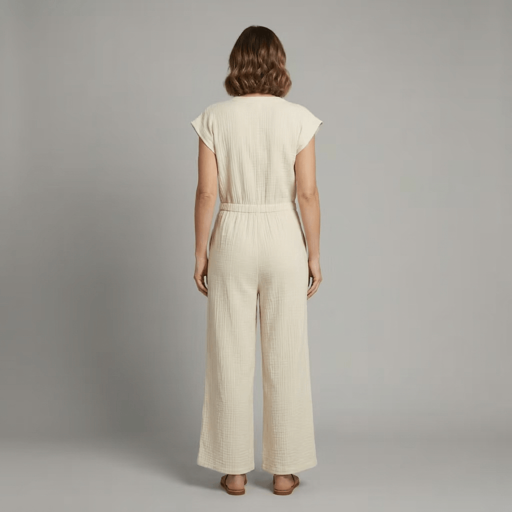 Wide-Leg Button-Front Jumpsuit with V-Neck Cap Sleeves and Side Pockets