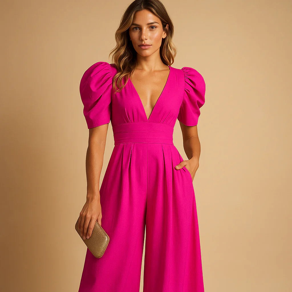 Isabelle Puff Sleeve Wide-Leg Jumpsuit with Pockets