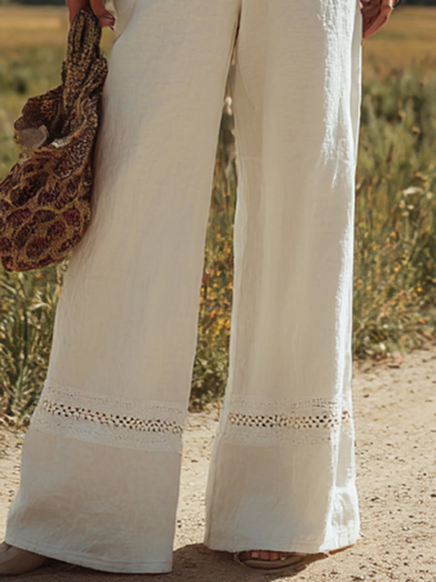 Women's Wide-Leg Button-Front Linen Jumpsuit with Lace Trim