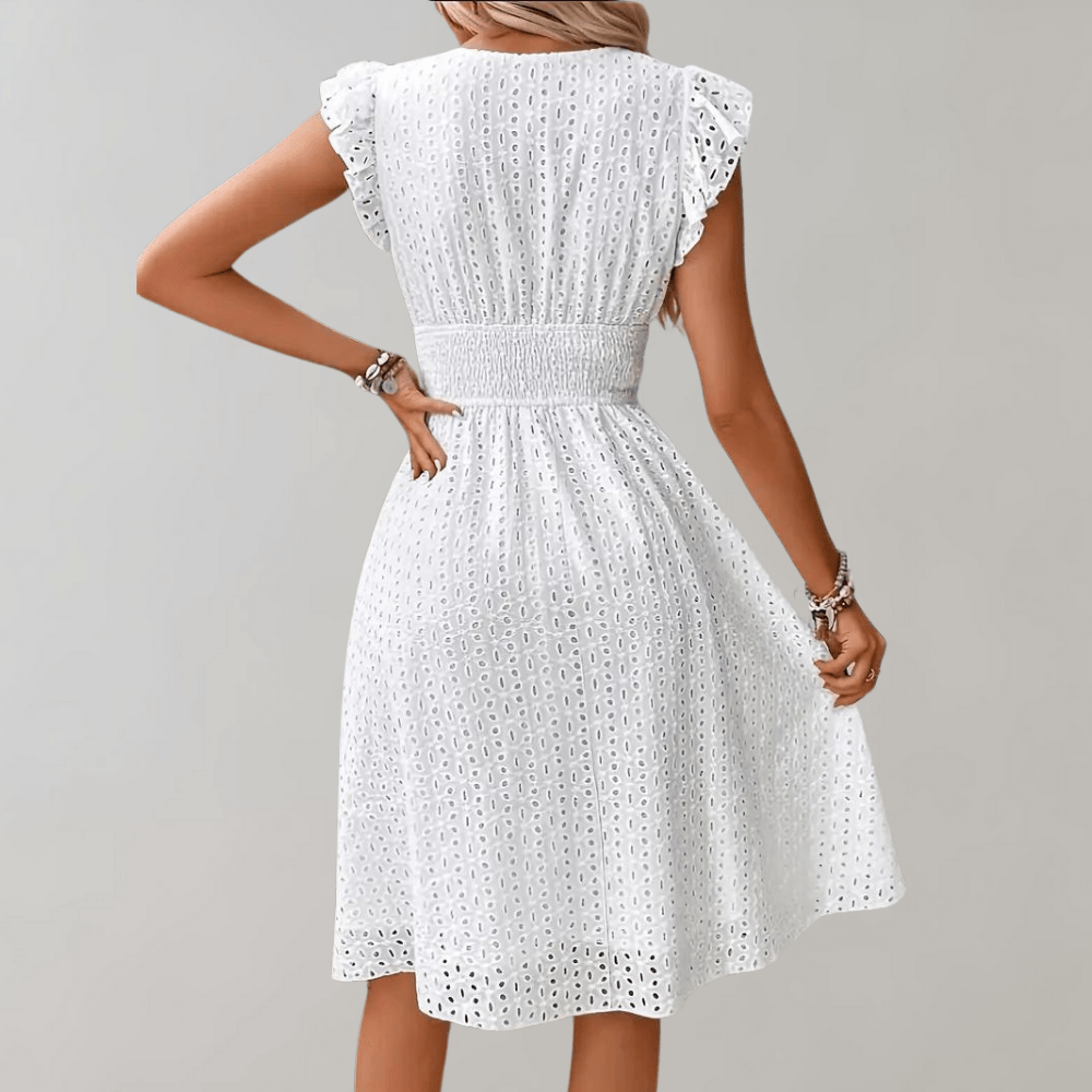 V-Neck Eyelet Cotton A-Line Midi Dress with Ruffle Sleeves for Women