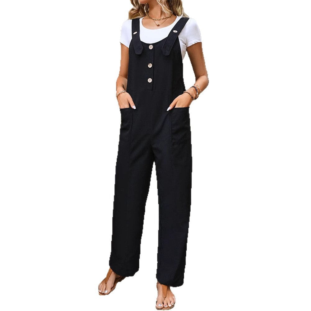 Women's Wide-Leg Overall Jumpsuit with Button-Front Bib