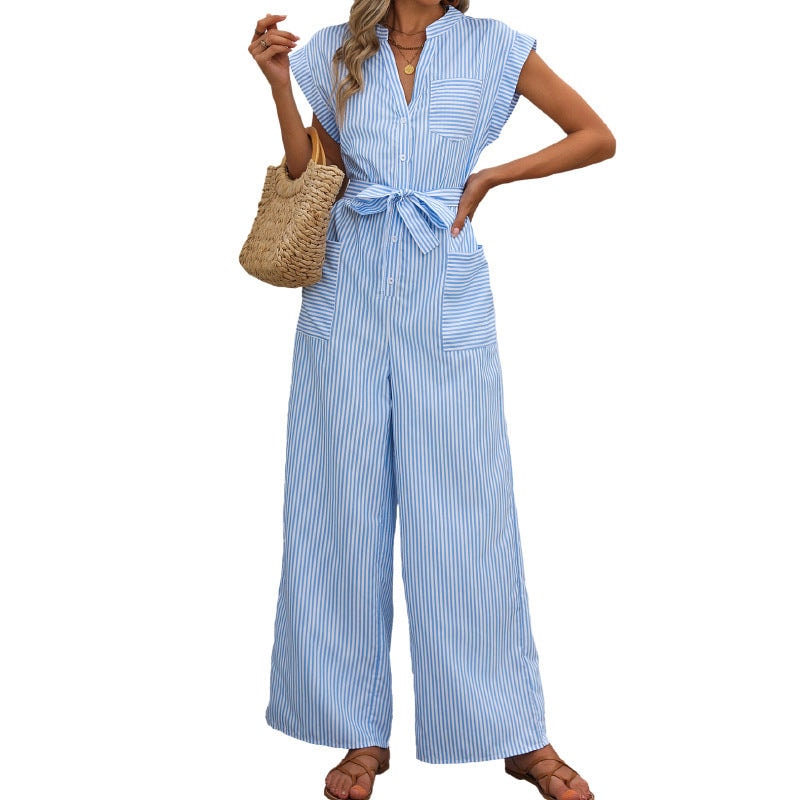 Striped Wide-Leg Jumpsuit with Tie Waist and Shirt Collar for Women