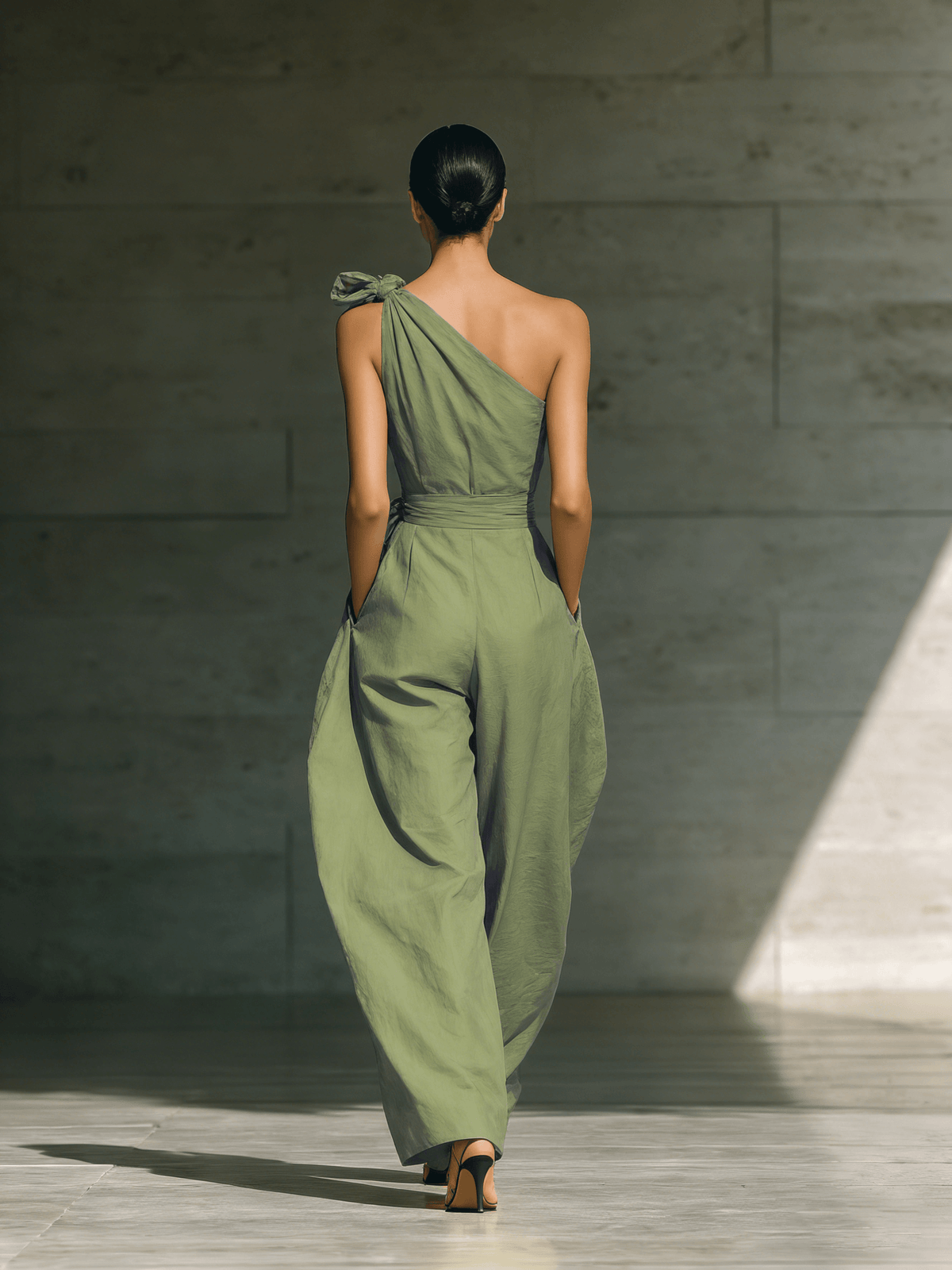 One-Shoulder Wide-Leg Linen Jumpsuit with Tie Detail for Women