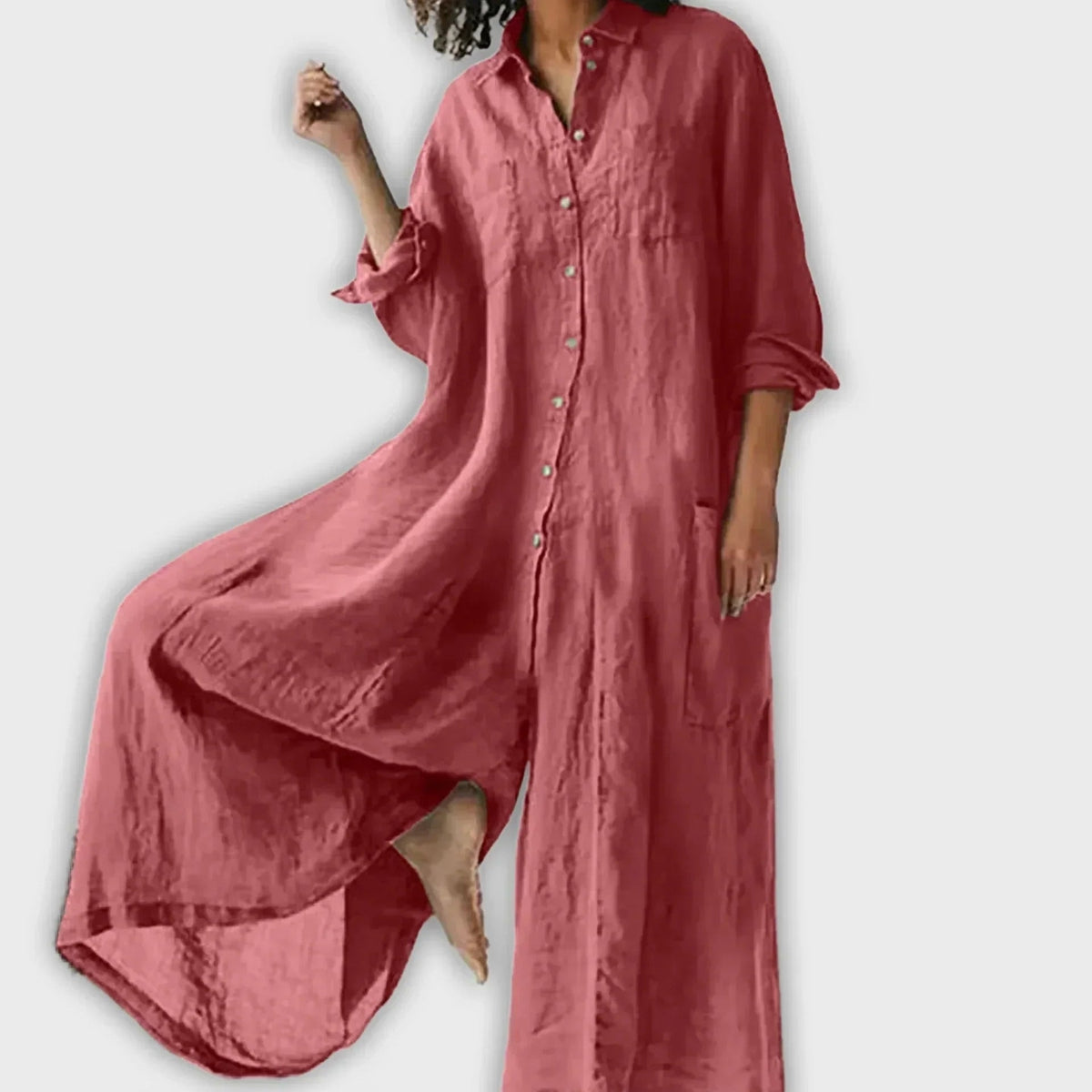 Cecilia Relaxed Button-Down Maxi Dress with Long Sleeves and Patch Pockets