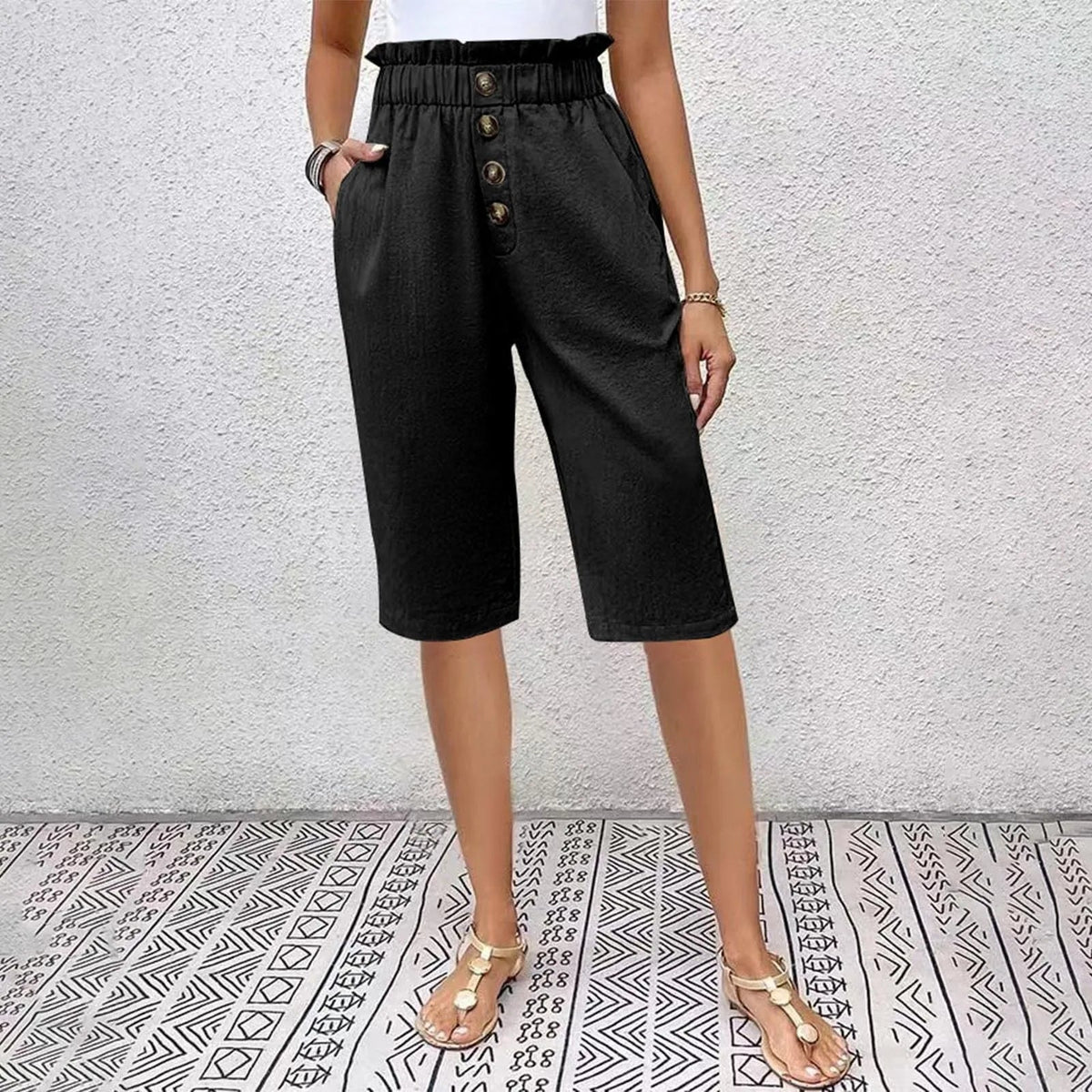 Éloane Paperbag-Waist Button-Front Linen-Cotton Bermuda Shorts