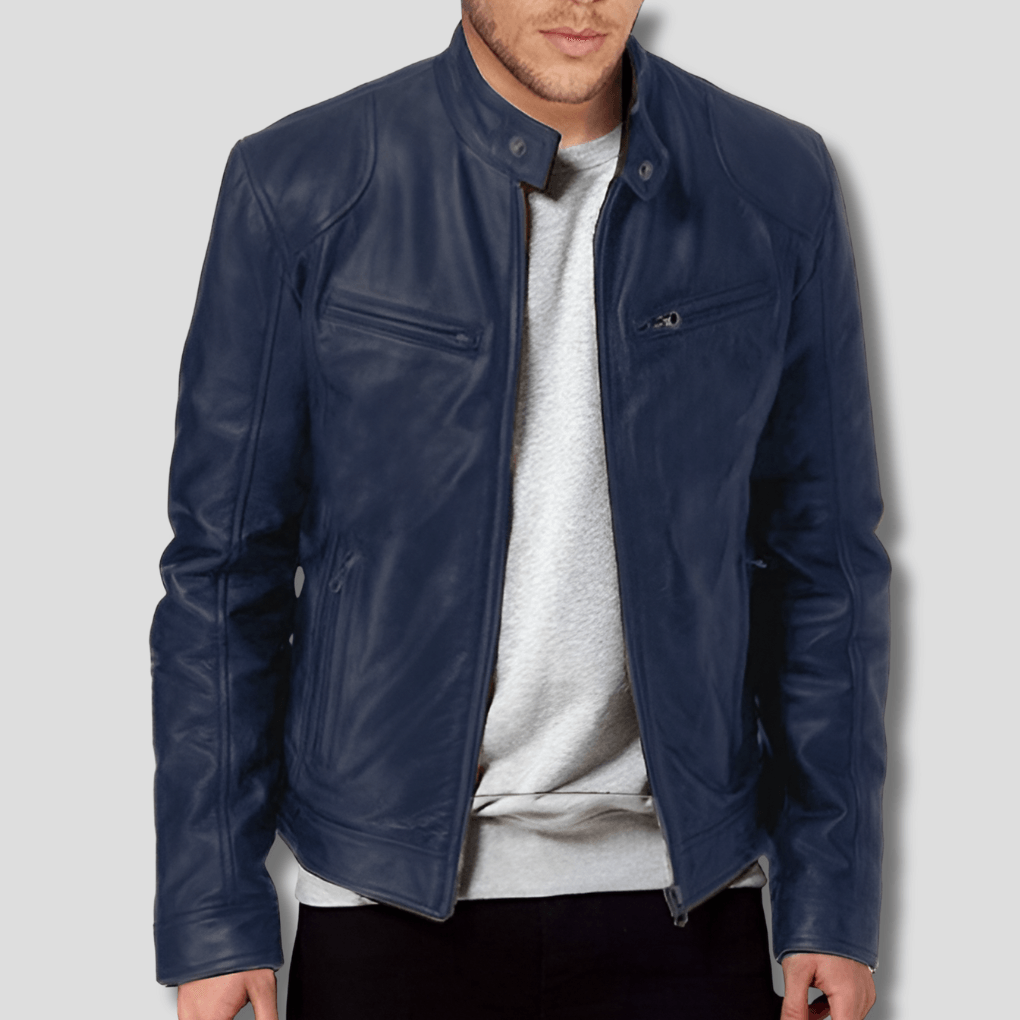 Slim-Fit Leather Moto Men's Jacket with Zippered Front Closure