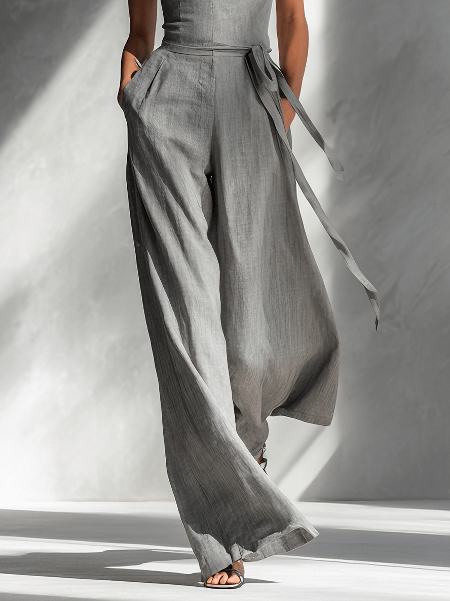 Women's Wide-Leg Tie-Waist Linen Jumpsuit with Adjustable Straps