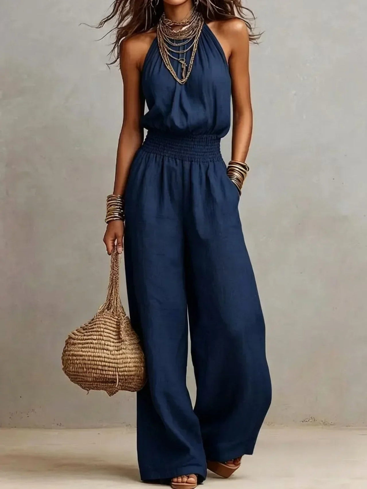 Women's Halter Neck Wide Leg Linen Jumpsuit with Smocked Waist