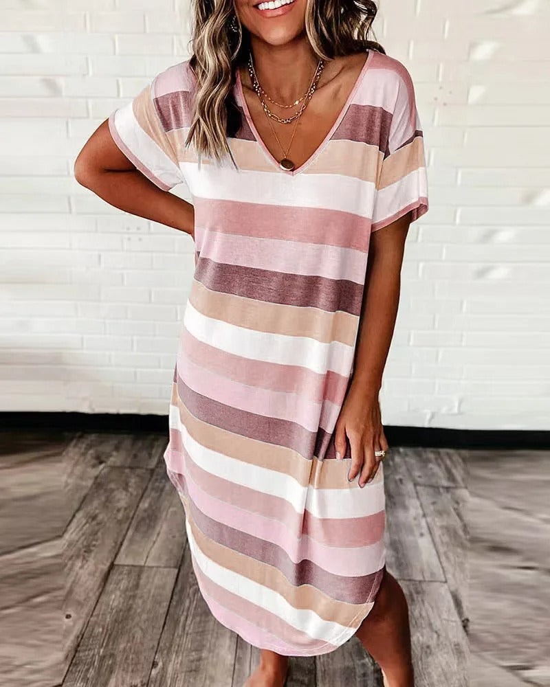 Sophie Striped V-Neck Midi Dress with Asymmetrical Hem and Short Sleeves