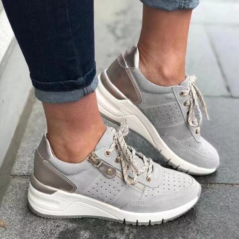 Lace-Up Wedge Sneakers with Side Zip and Perforated Detail