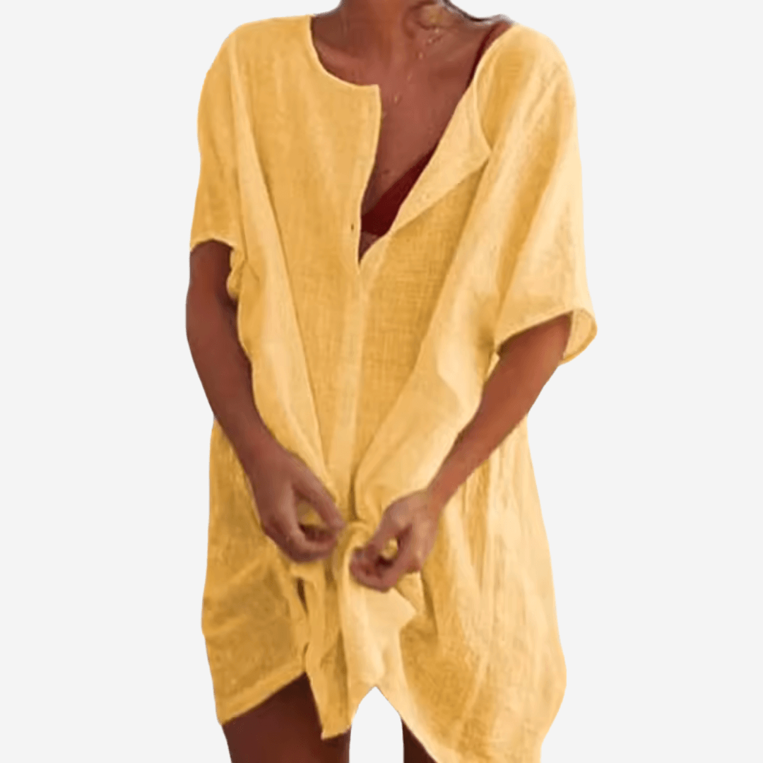 Linen-Blend Short Sleeve Tunic Top with Relaxed Fit and Button Front
