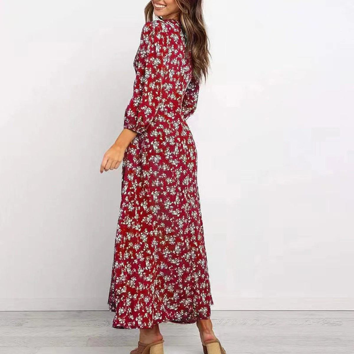 Norma Floral V-Neck A-Line Maxi Dress with Long Sleeves for Women