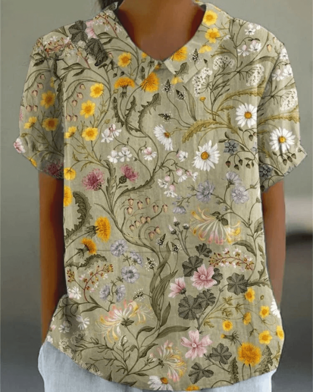 Beatrix Collared Cotton-Linen Blouse with Short Sleeves for Women