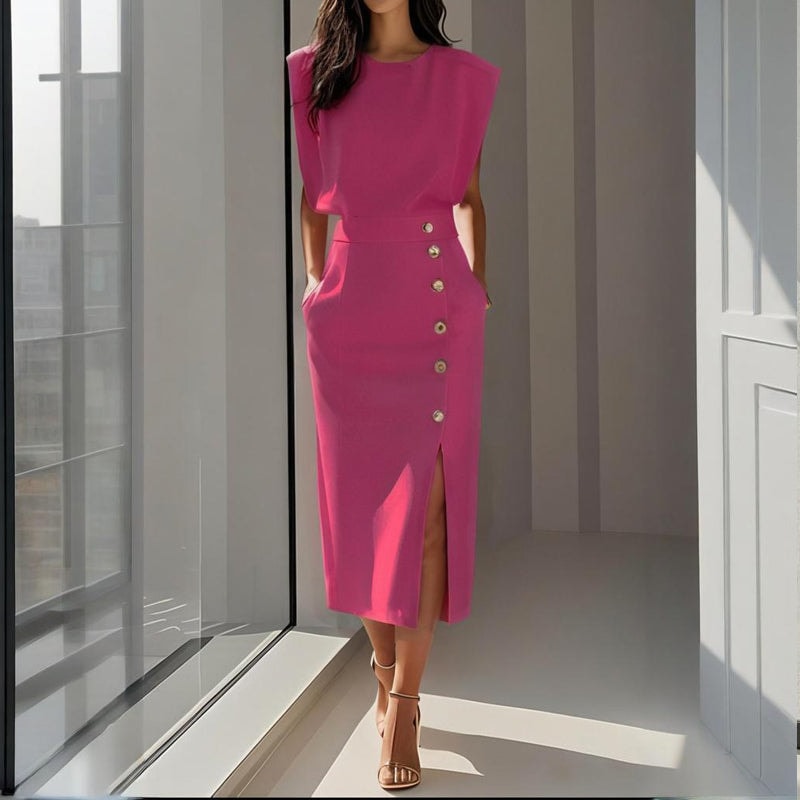 Camille | Structured Shoulder Midi Dress with Side Split