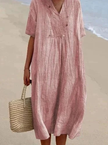 Women's Cotton Linen V-Neck Summer Midi Dress with Side Pockets