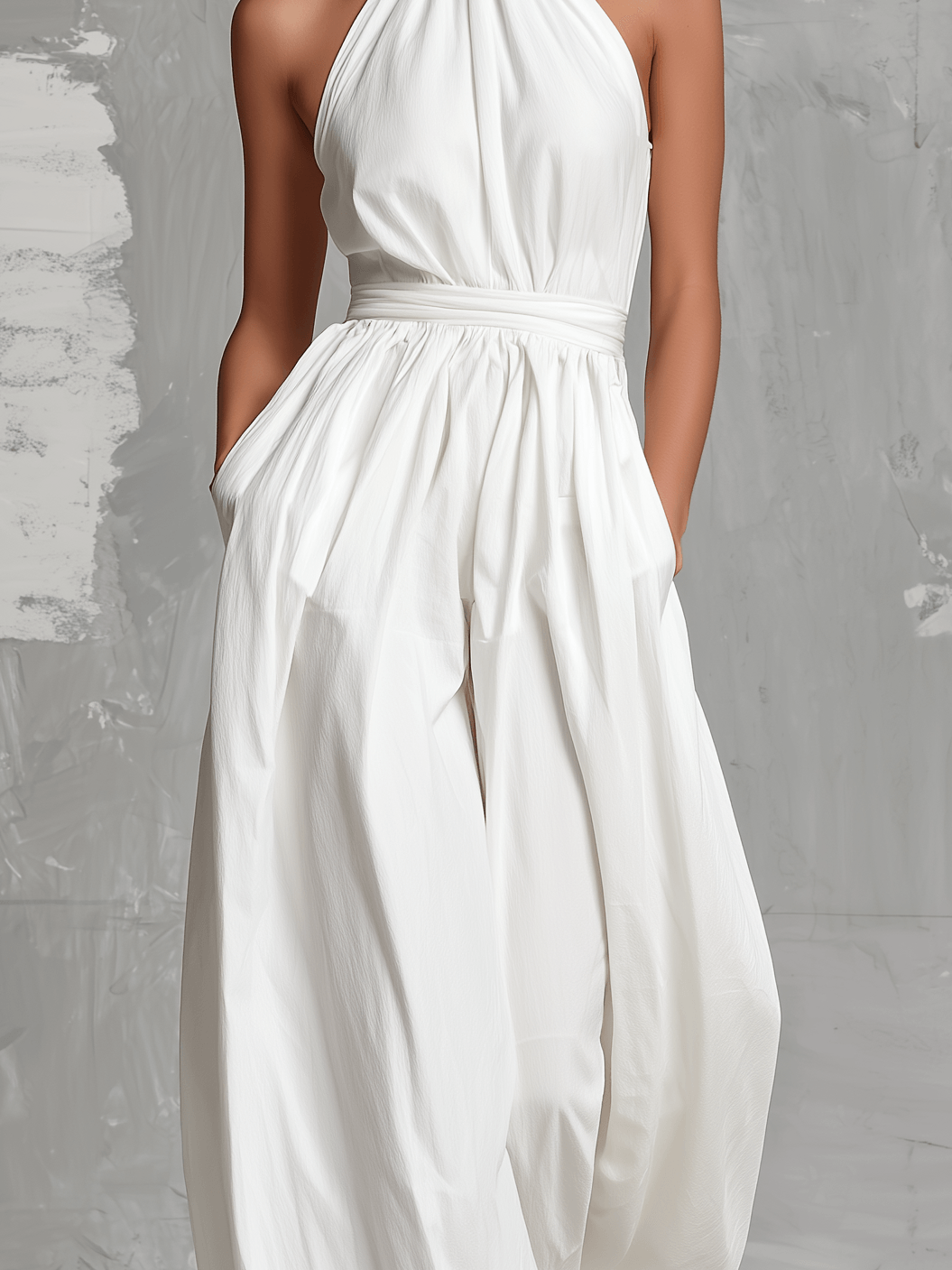 Women's Halter Neck Wide Leg Linen Jumpsuit with Belted Waist