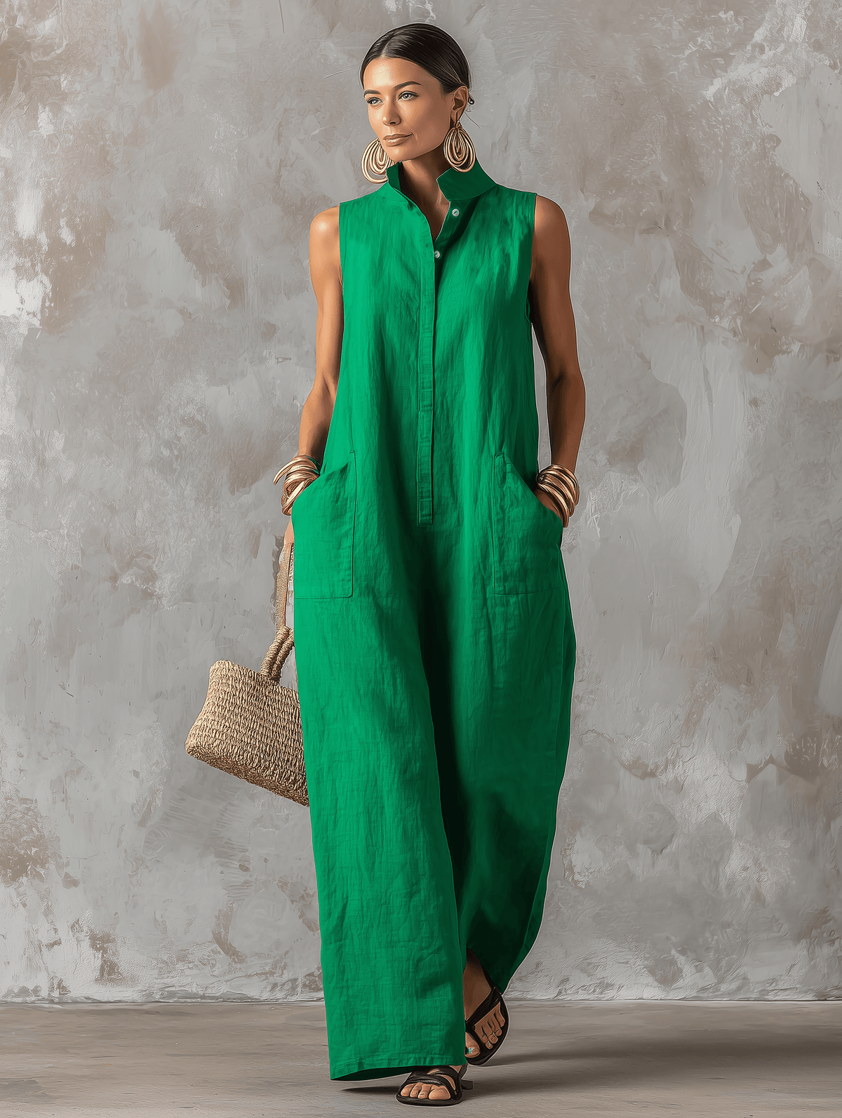 Women's Sleeveless Stand Collar Wide-Leg Linen Jumpsuit