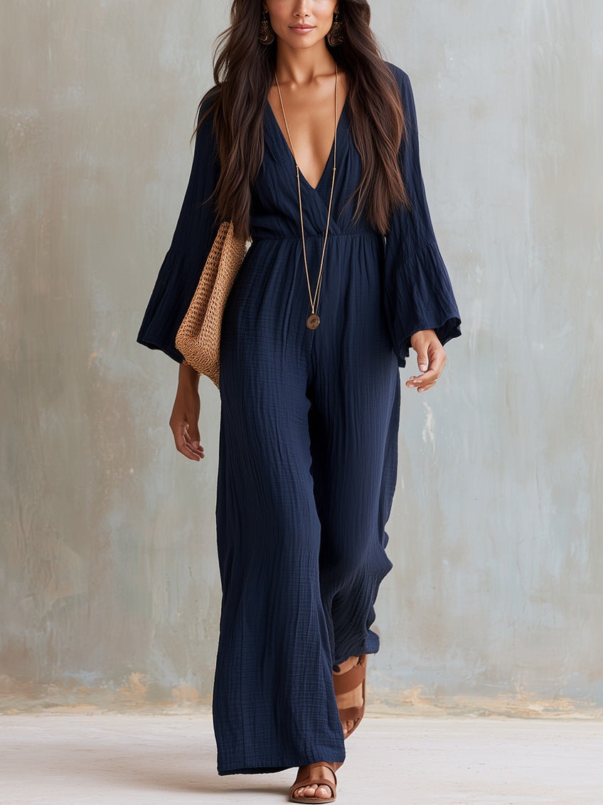 Women's Linen V-Neck Wide-Leg Jumpsuit with Bell Sleeves