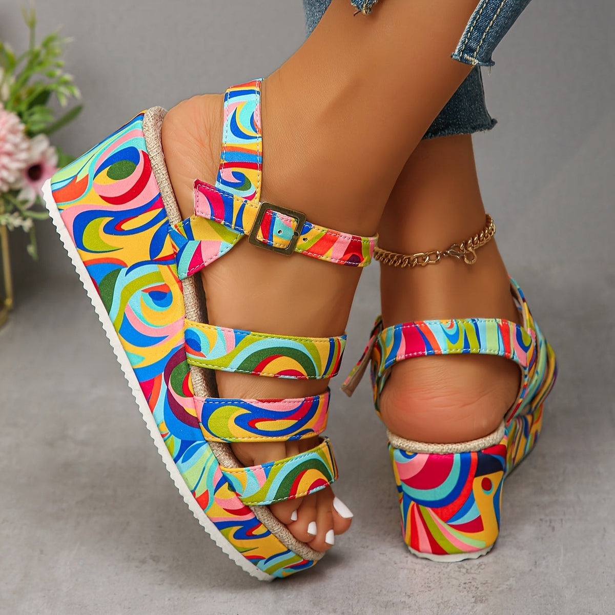 Piper Ashworth Multicolour Wedge Platform Sandals with Ankle Strap