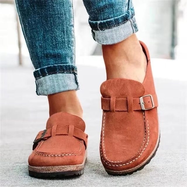 Suede Buckle-Strap Backless Mule Loafers for Women