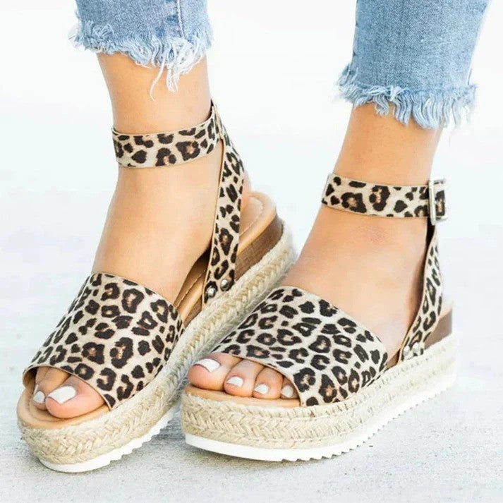 Women's Cushioned PU Leather Espadrille Wedge Sandals with Ankle Strap Buckle
