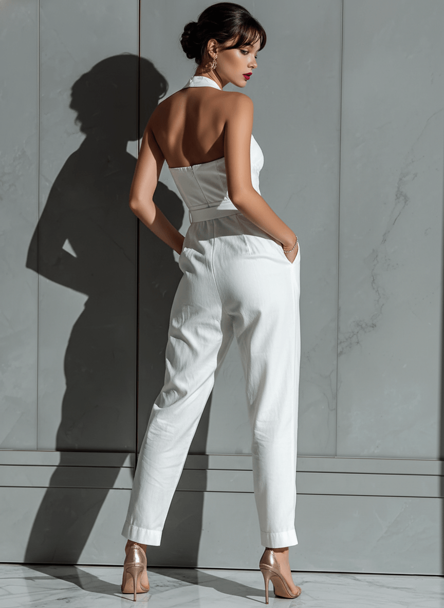 Women's Belted Halter Sweetheart Linen Blend Jumpsuit with Tailored Fit