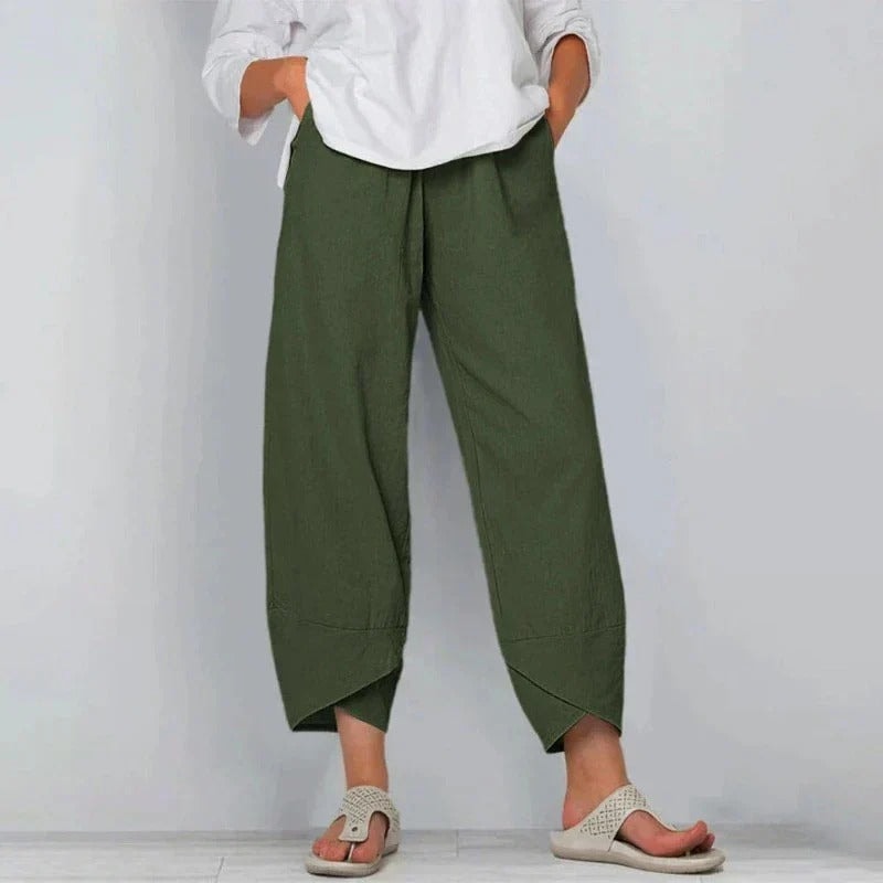 Women's Wide-Leg Cropped Linen-Blend Gaucho Pants with Elastic Waist