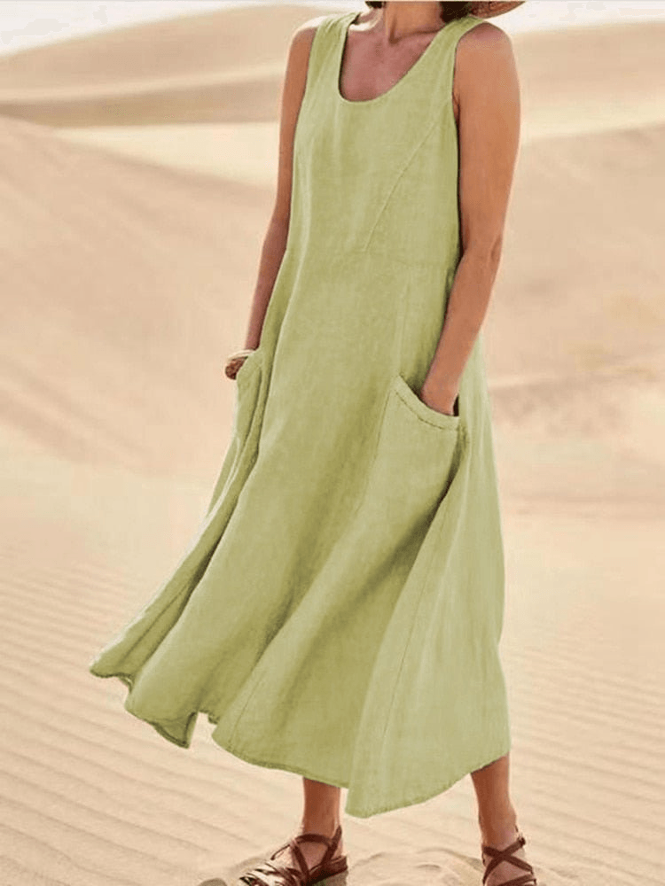 Sleeveless Linen A-Line Midi Summer Dress with Pockets for Women