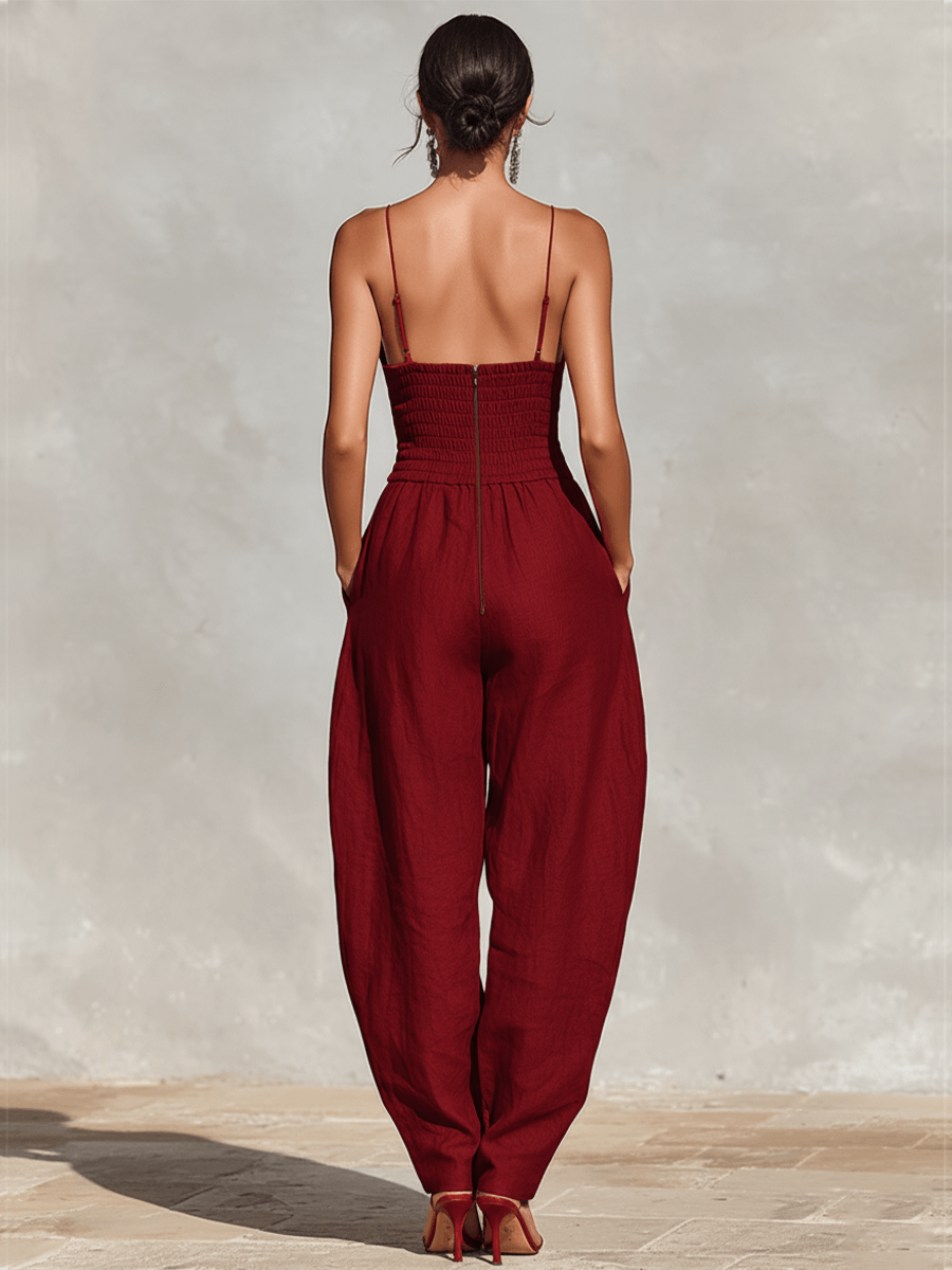 Women's Wide-Leg Linen-Blend Jumpsuit with Deep V Neckline