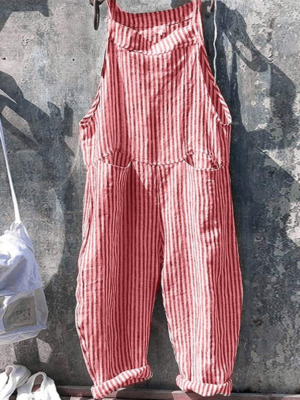 Striped Linen Cotton Jumpsuit with Adjustable Straps and Tapered Leg