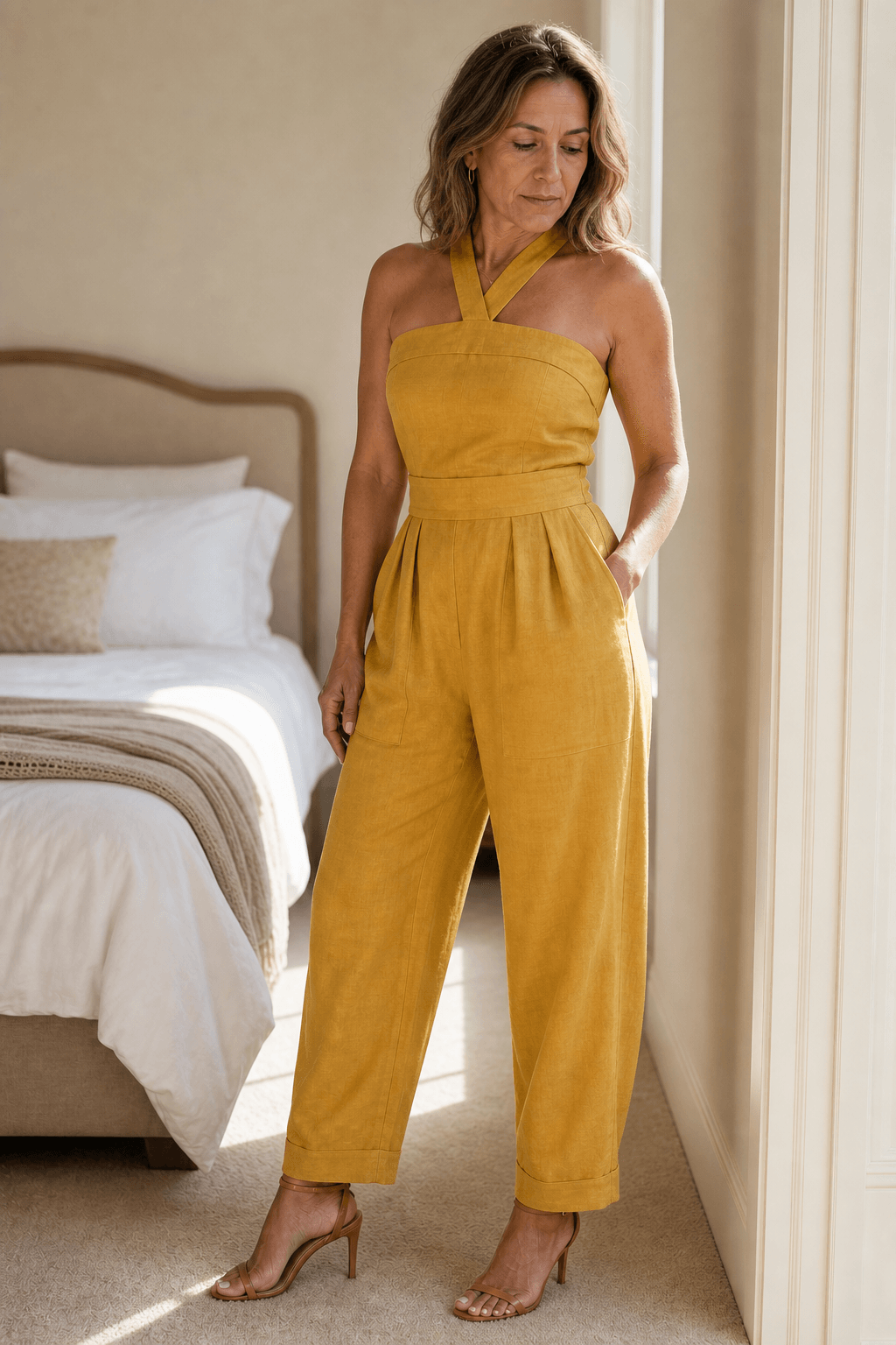 Women's Halter-Neck Wide-Leg Jumpsuit with Defined Waist