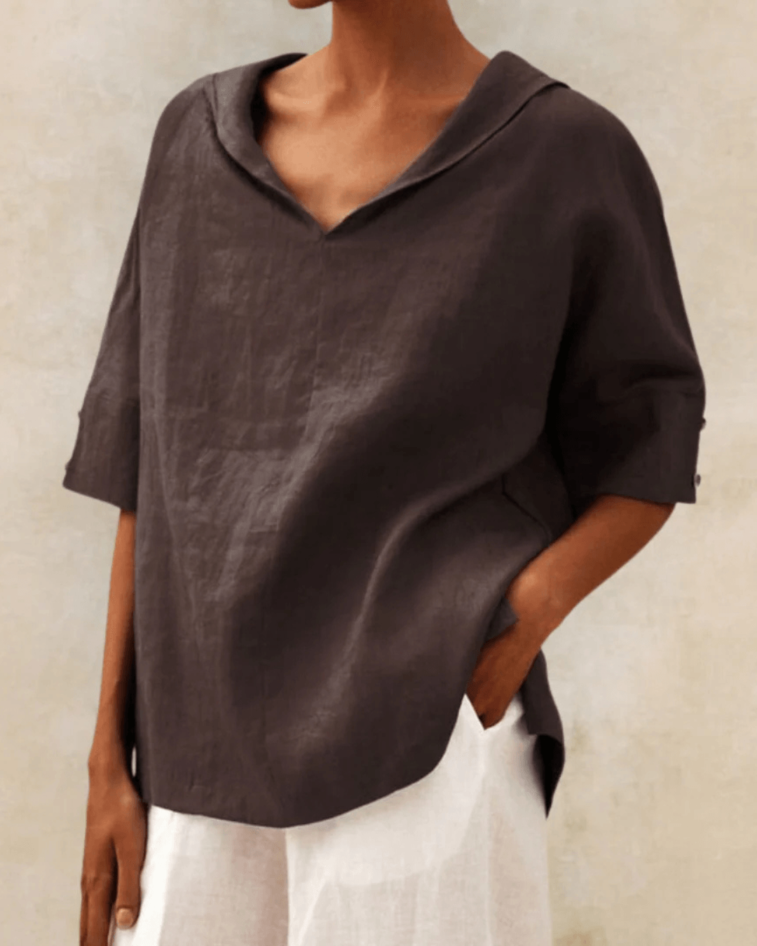 Women's Cotton V-Neck Top with Loose Fit and Half Sleeves