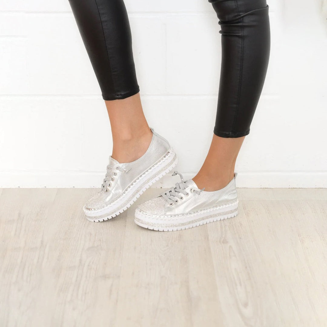 Sparkly Rhinestone Platform Sneakers Lace Up Casual Shoes