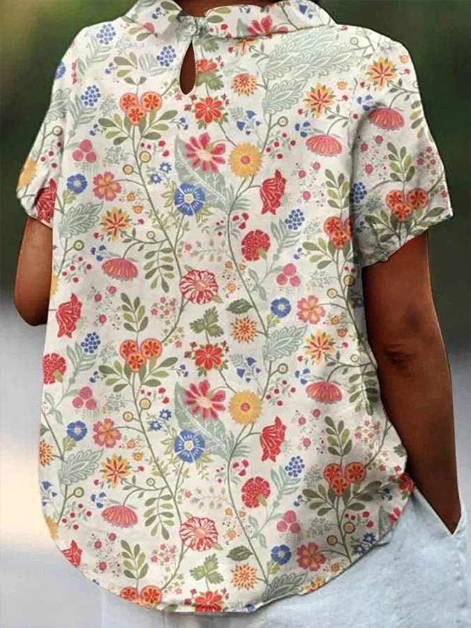Floral Print Peter Pan Collar Short Sleeve Blouse for Women
