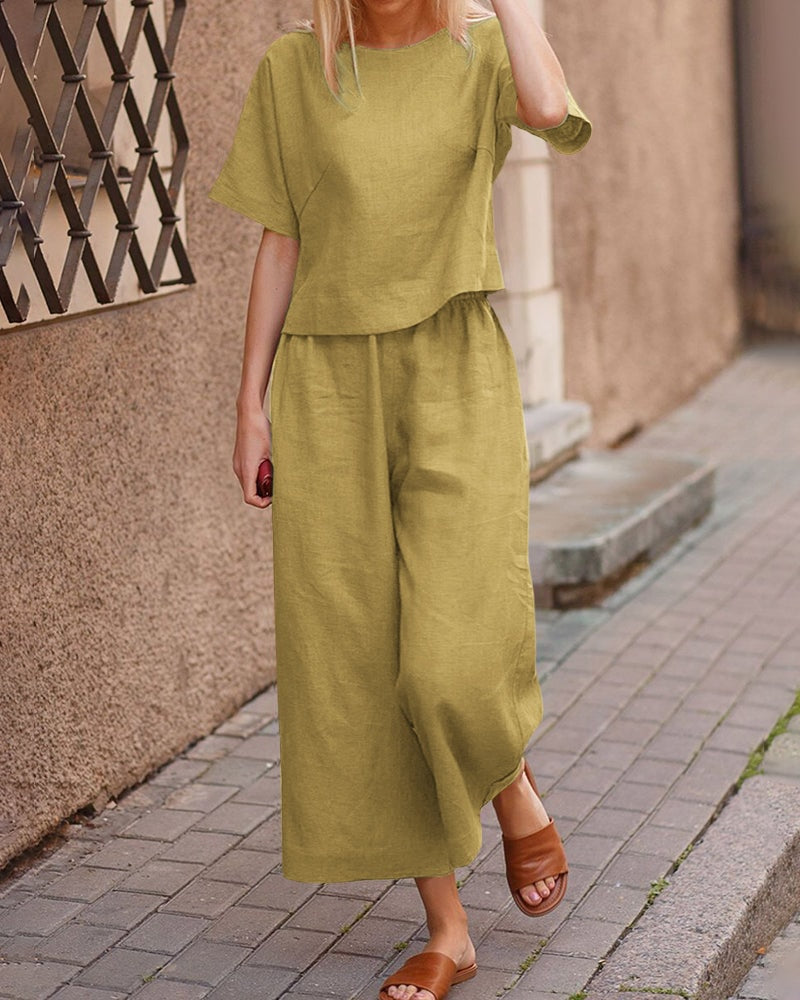 Linen Two-Piece Matching Set with Short-Sleeve Top and Wide-Leg Pants