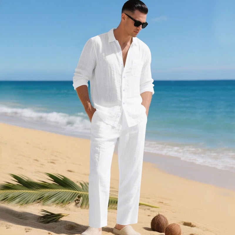 Men's Linen Blend Long-Sleeve Shirt and Pants Two-Piece Set